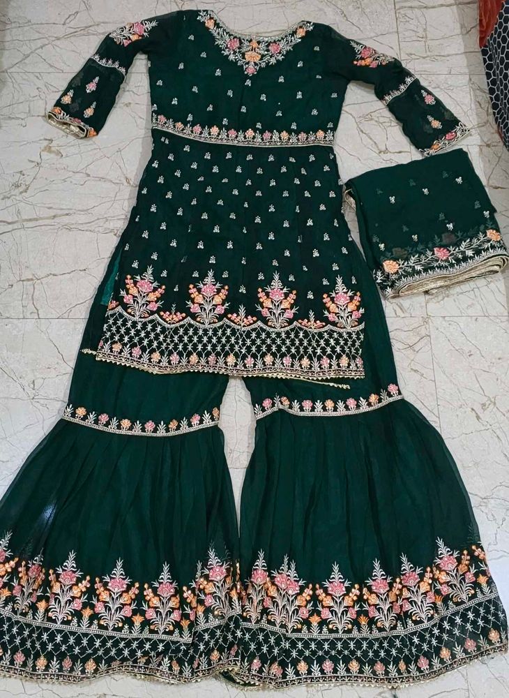Embroidered Green Kurta Set with Sharara