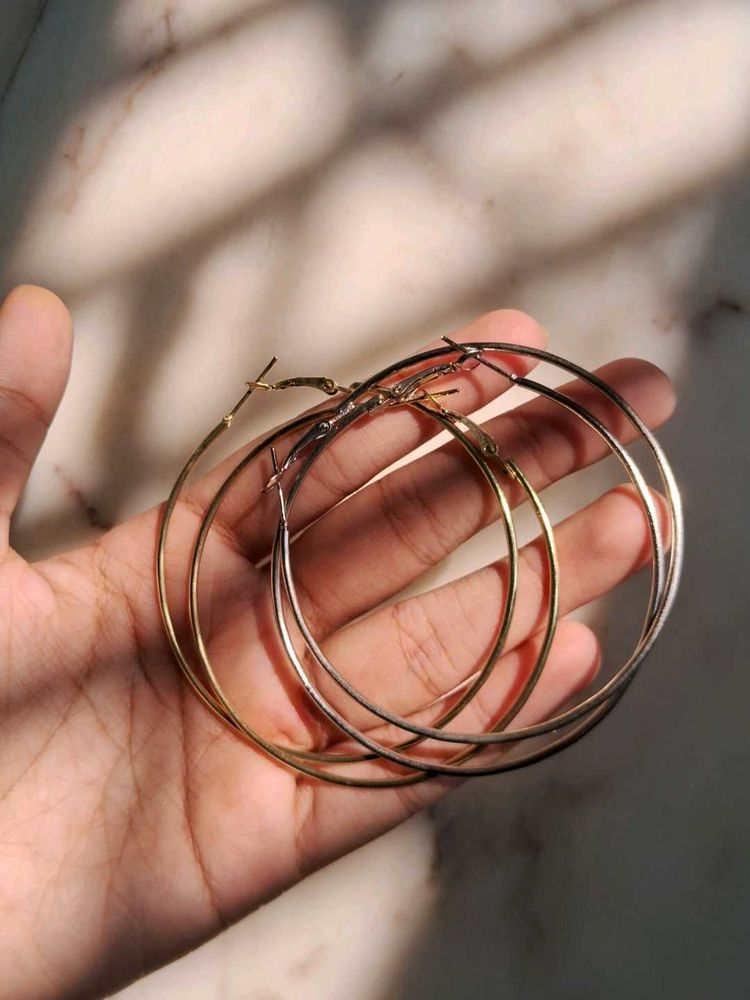 Set of 2 Large Hoop Earrings(golden and silver