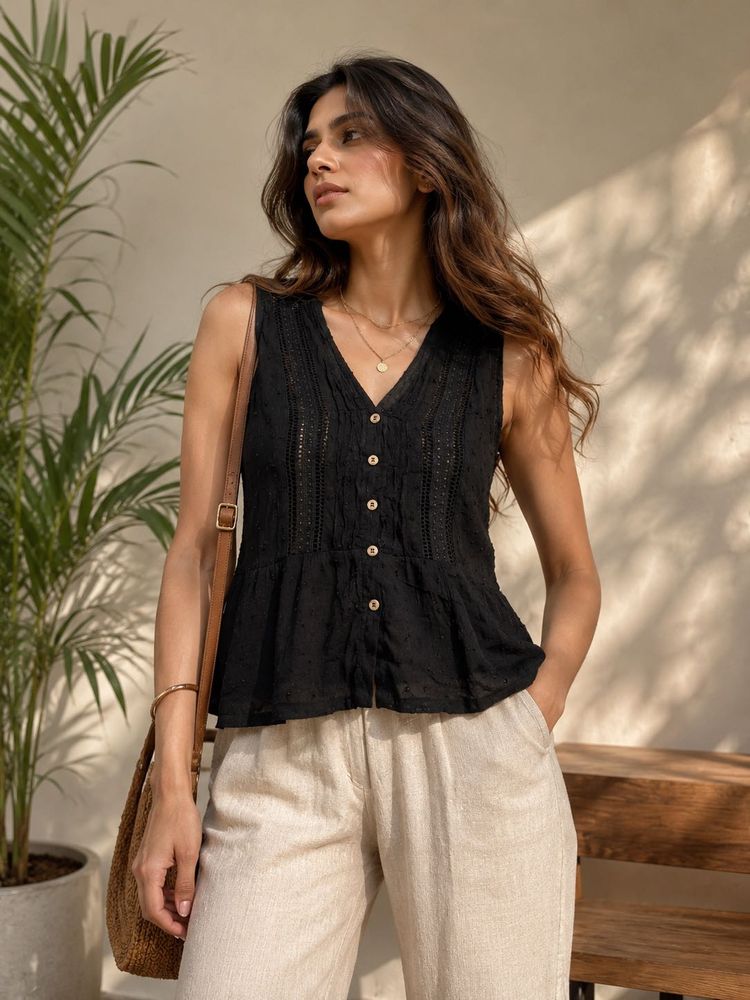 Black Sleeveless V-Neck Top