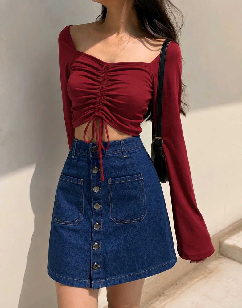 full sleeve top with denim skirt combo
