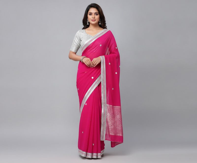 Vibrant  Pink Saree with Silver Border
