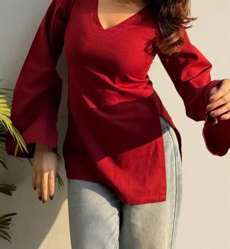 Maroon V-Neck Bell Sleeve Kurta
