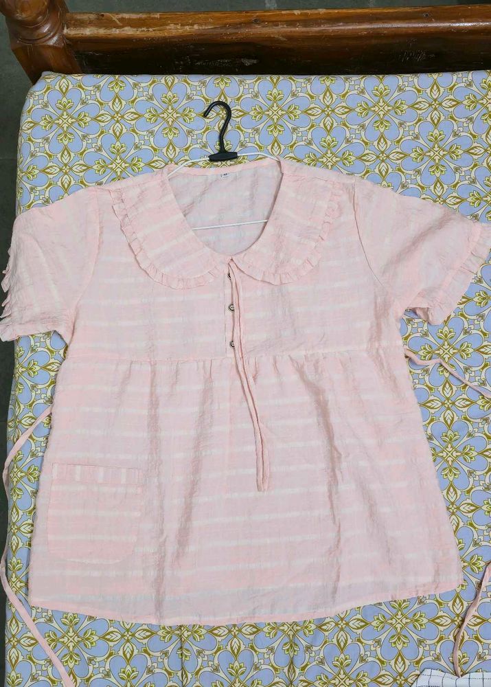 Pink Striped Ruffle Collar Kurta pyjama set