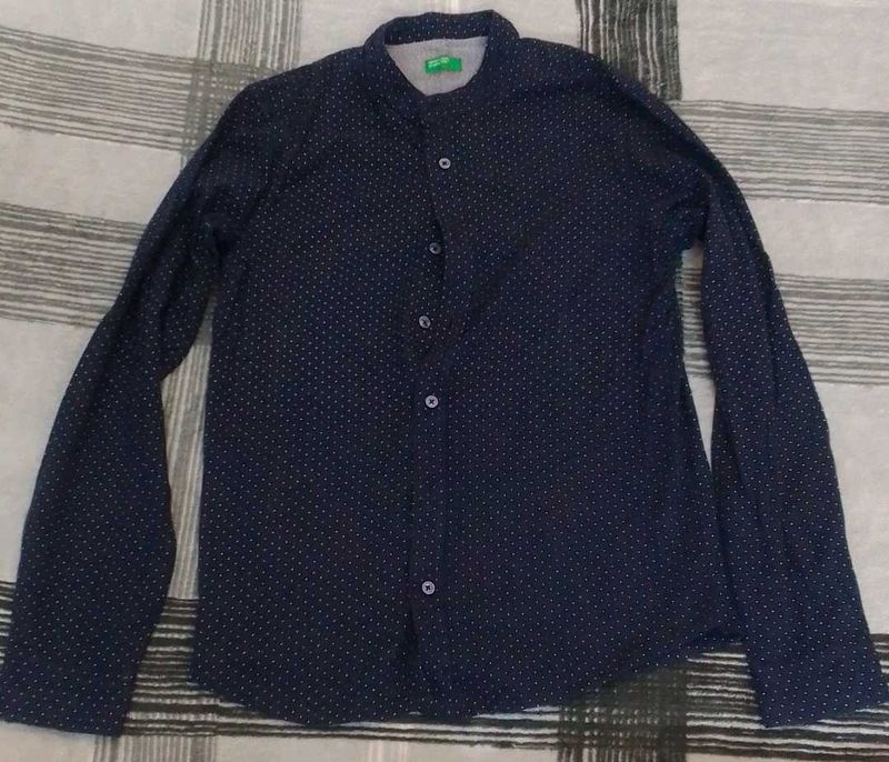 Benetton Navy Printed Mandarin Collar Shirt