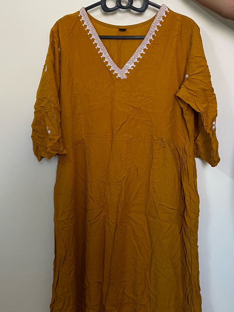 Mustard Yellow Embroidered Kurta