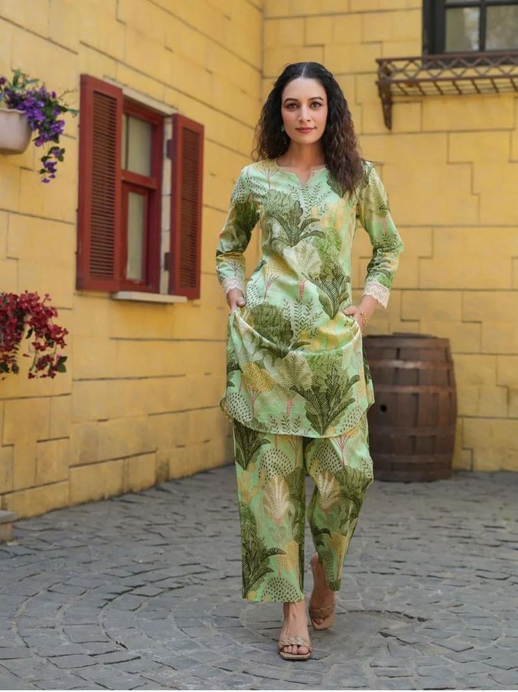Green Leaf Print Kurta Set