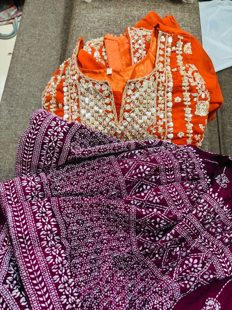 Embroidered Orange &amp; Purple Lehenga Choli Set