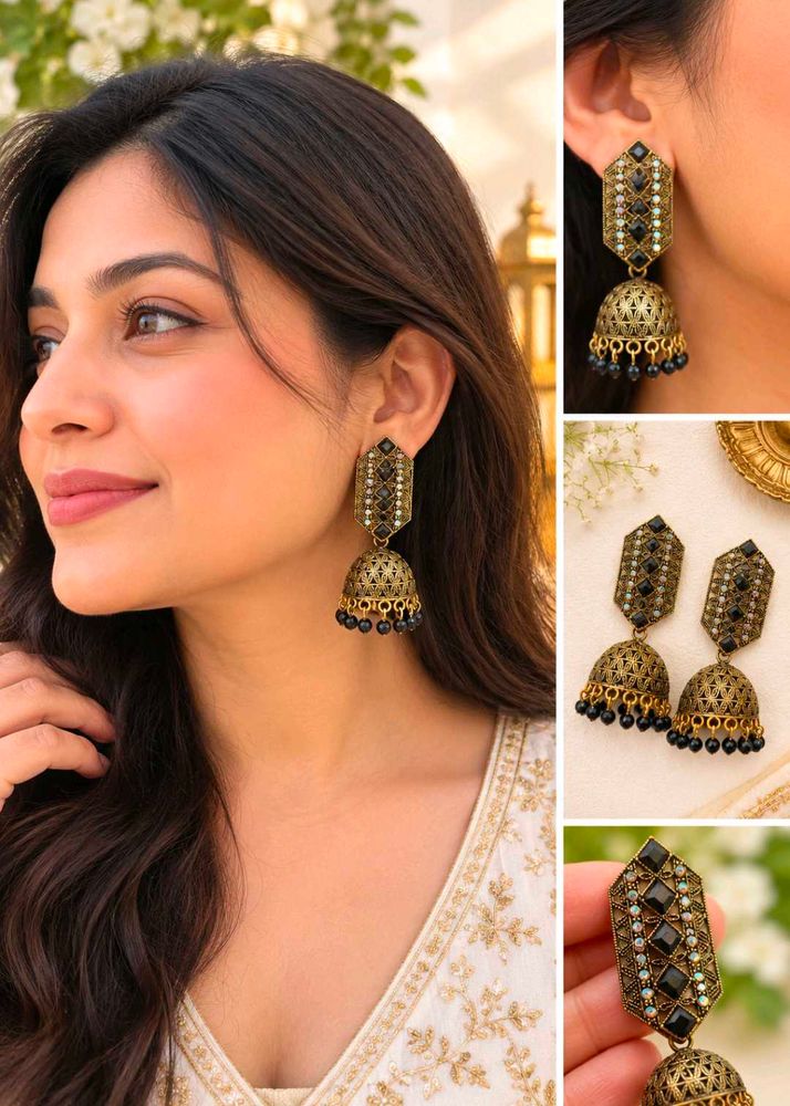 Indian Jhumka Earrings with Black Stones