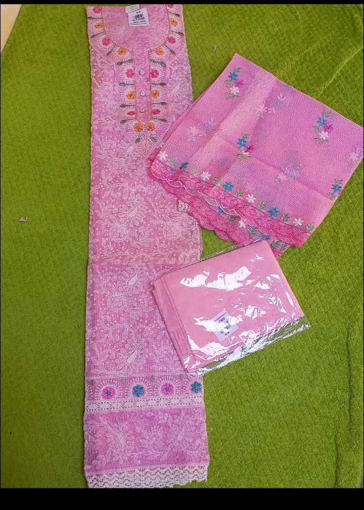 unstitched Pink Chikankari Kurta Set