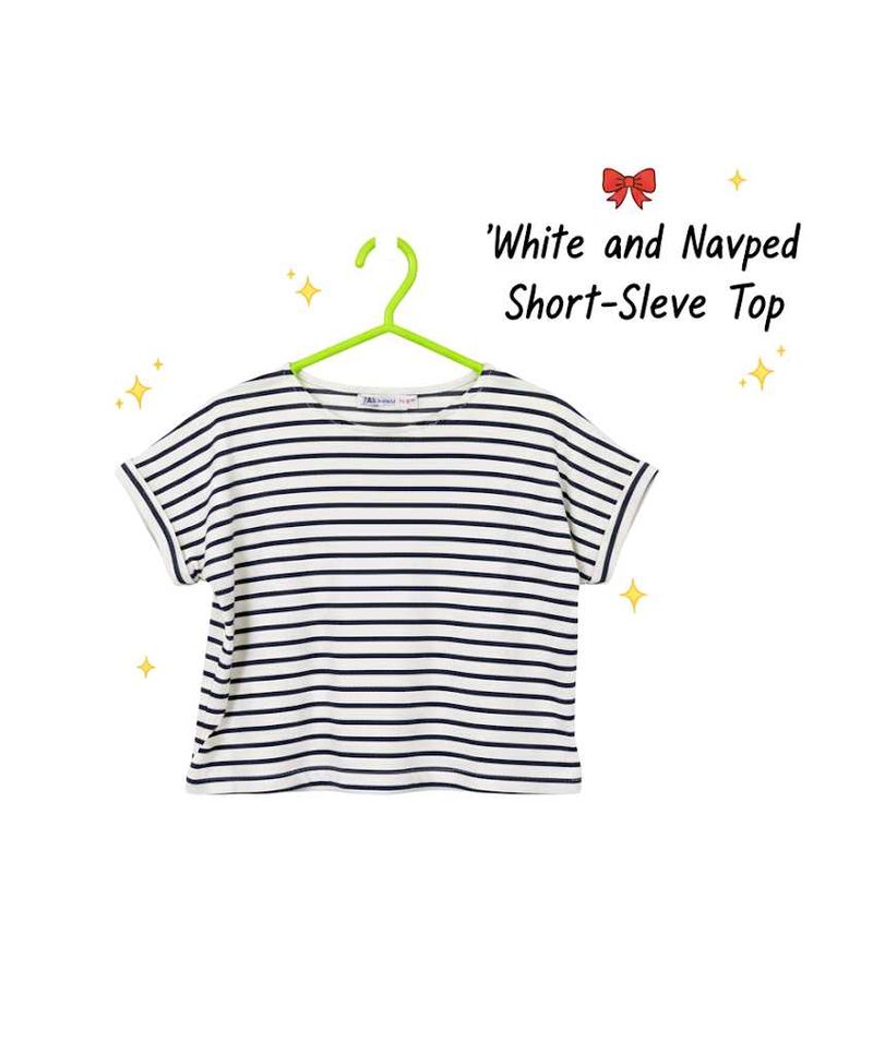 White and Navy Striped Short-Sleeve Top.