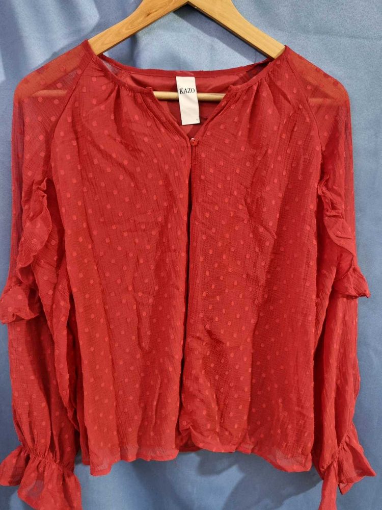 Kazo Chic Red Ruffle Sleeve Blouse