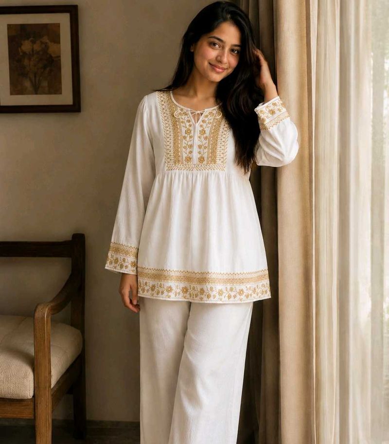 Embroidered White Boho-Style Kurti Tunics