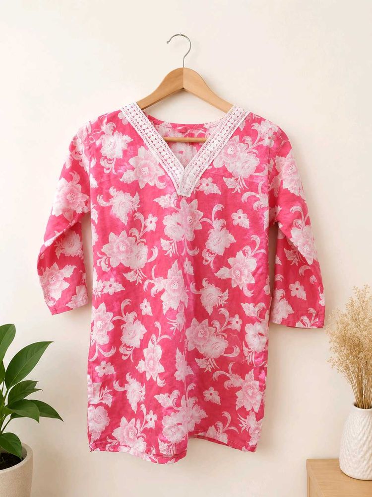 Pink Floral Short Kurta Lace Neckline (S size