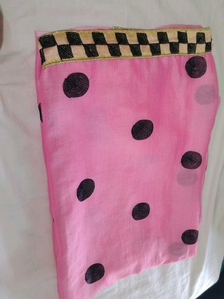 Pink Polka Dot Saree with Decorative Border