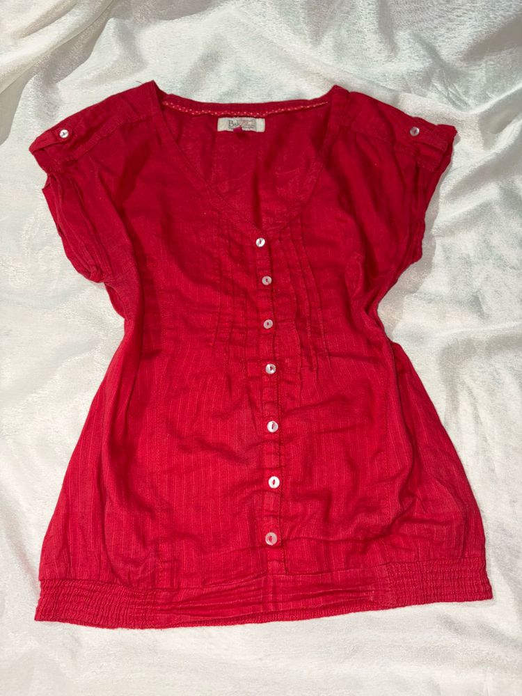 Red Button-Up Short Sleeve Blouse