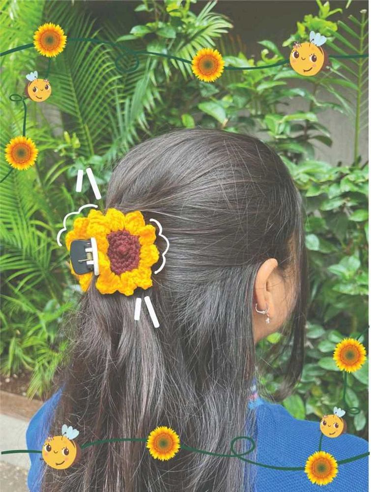 Combo of crochet sunflower hair clip and flowerpot