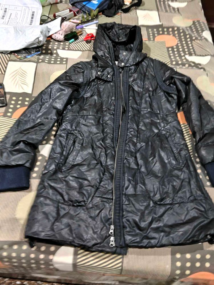 Hooded light leather jacket and winter dress