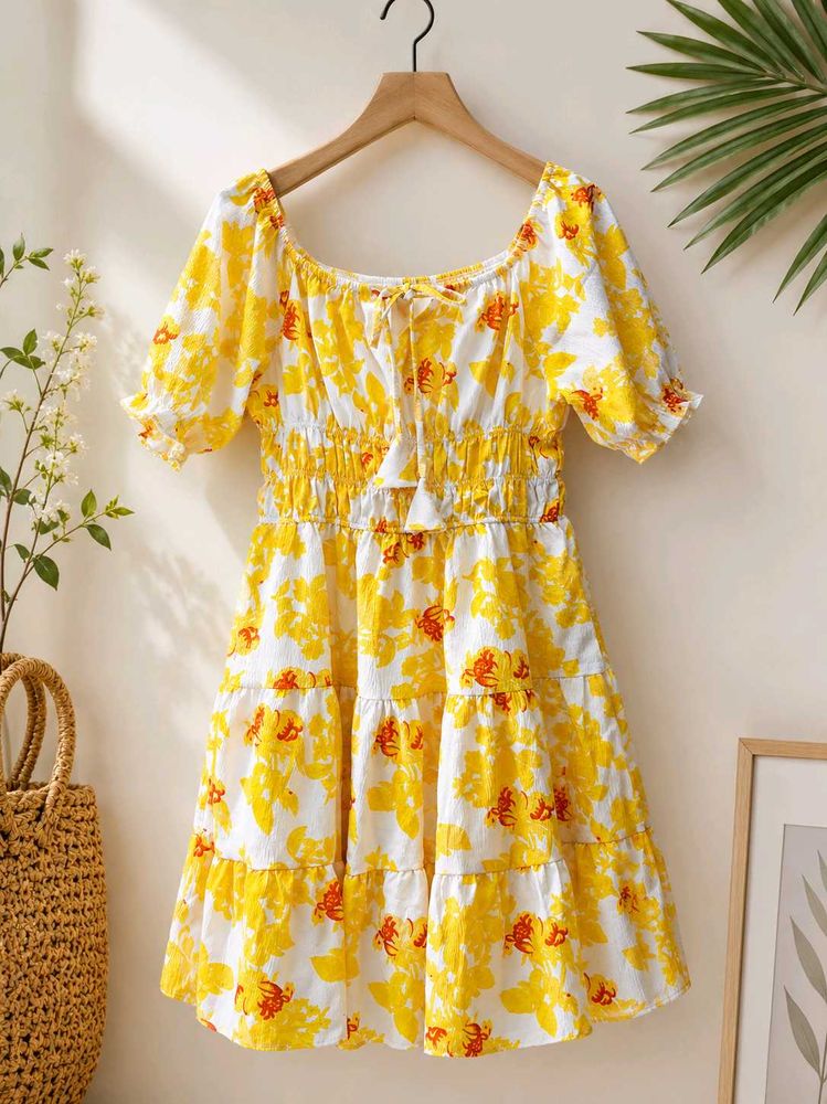 Yellow Floral Tiered Mini Dress