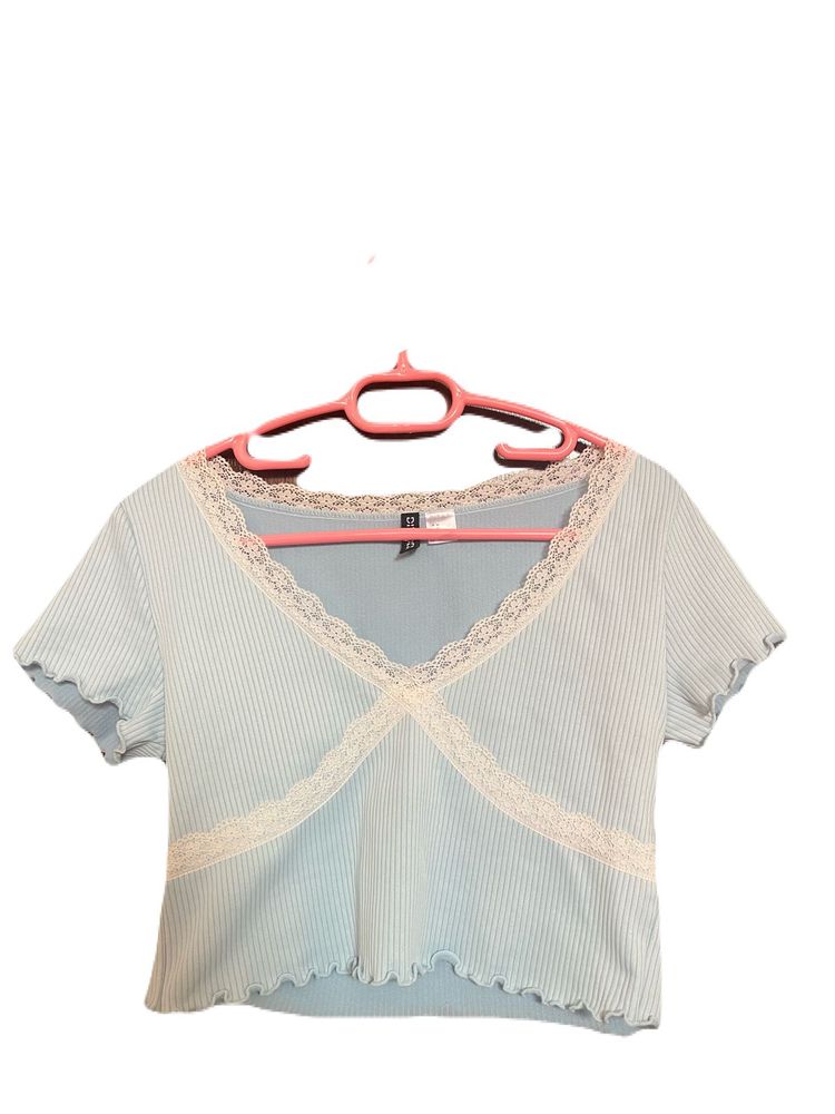 Coquette Baby Blue Ribbed Lace Trim Top