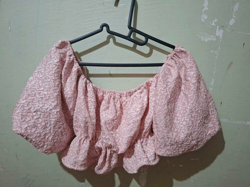 Cute Pink Textured Puff Sleeve Crop Top