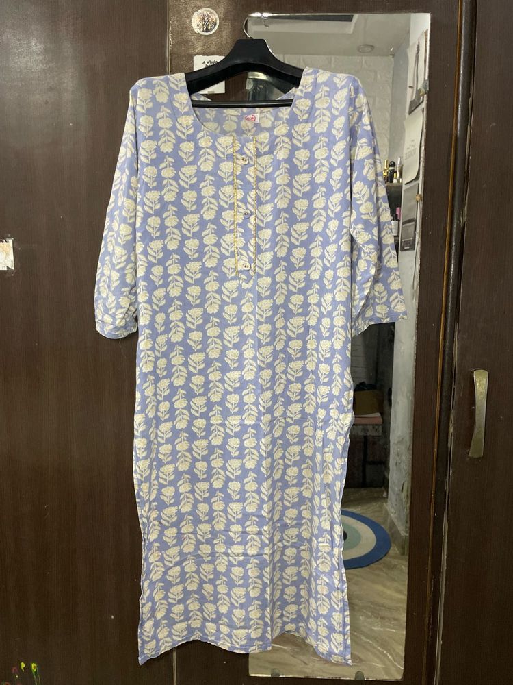 Blue Floral Print Cotton Kurta