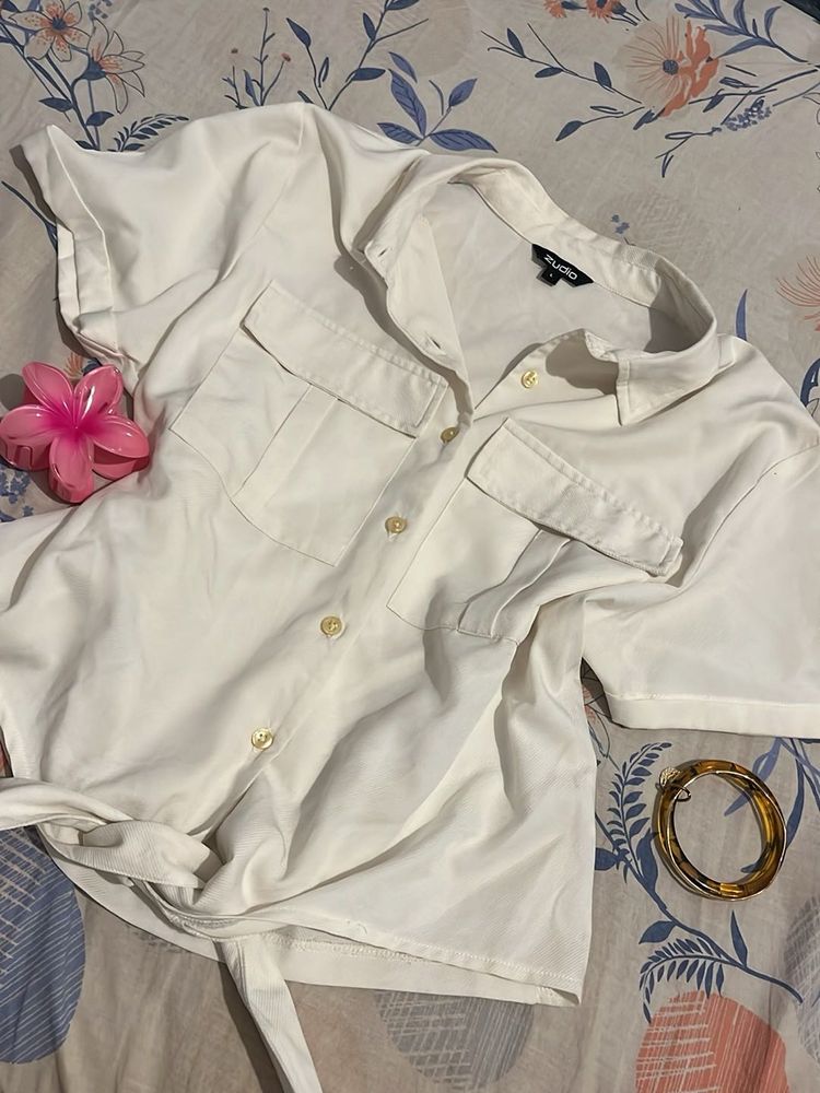 White Button-Up Tie-Front Blouse