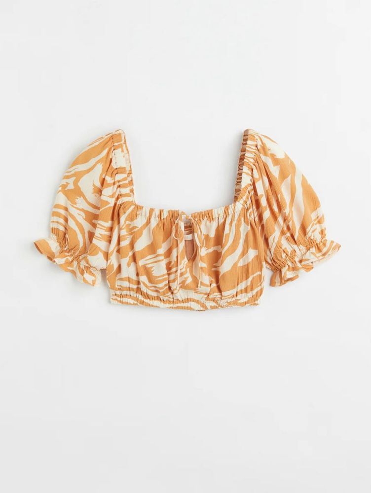 H&amp;M zebra Print Square Neck Puff Sleeve Crop Top
