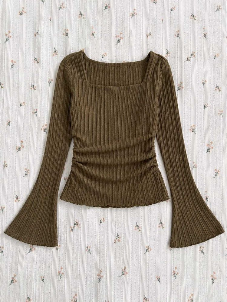 Chic Ribbed Square Neck Bell Sleeve Top