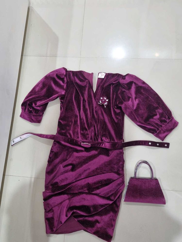 Elegant Velvet Dress with Matching Bag