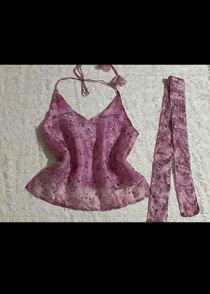 y2k desi chatpata backless Pink Halter Top with Sc