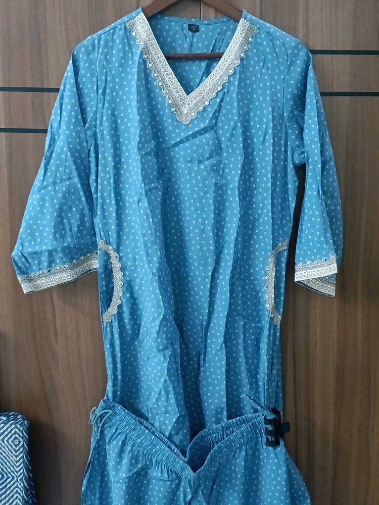 Blue Polka Dot Kurta Set with Lace Trim