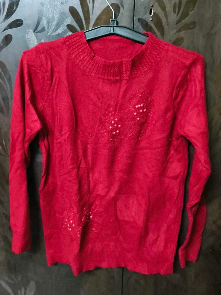 Red Embellished Knit Sweater