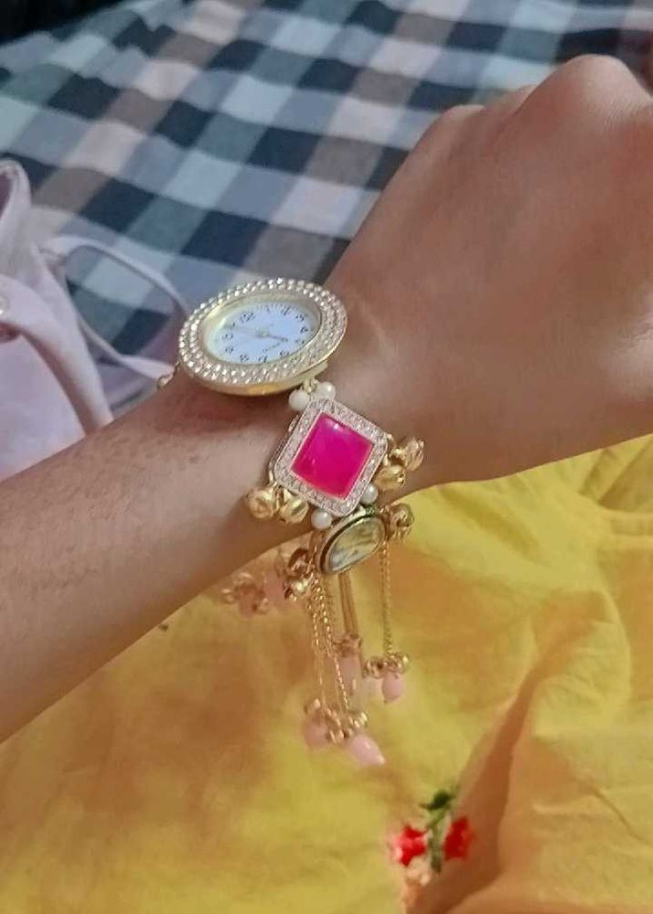 kashmiri Watch with Pink Stone &amp; Tassels