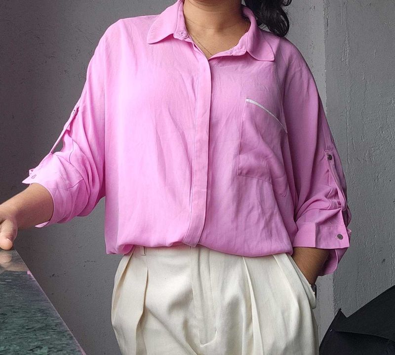 Flemingo Pink Oversized Button-Up Shirt