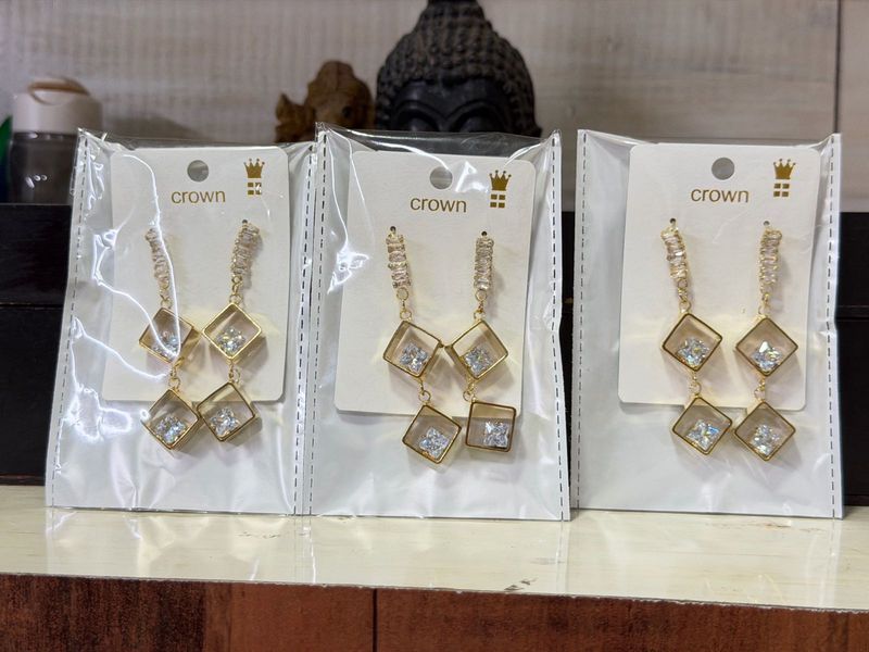 Elegant Gold Diamond Square Drop Earrings set of 3