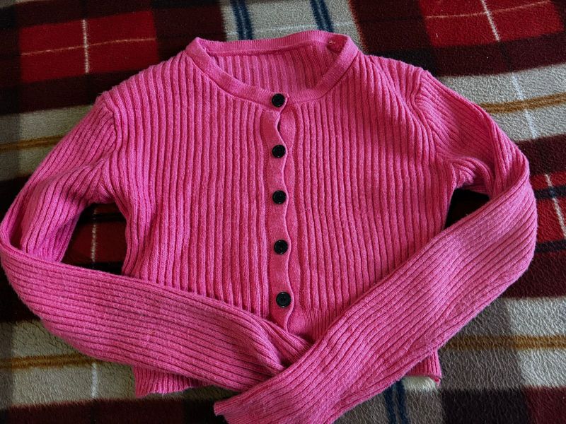 Pink Ribbed Knit Cardigan