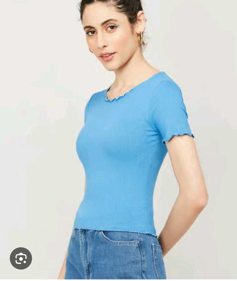 Blue Ribbed Lettuce Hem Top