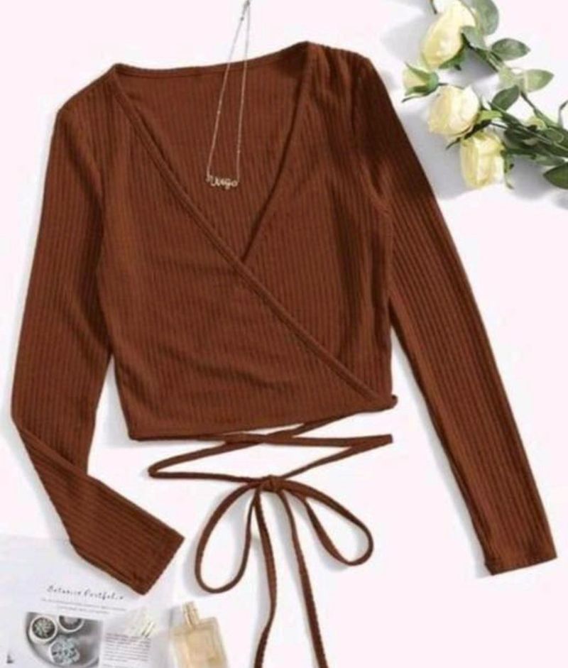 Brown Ribbed Wrap Top