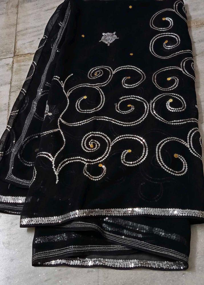 Price Drop. Elegant Black Saree with Sequin Swirl