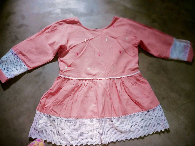Peach Embroidered peplum Kurta with Lace