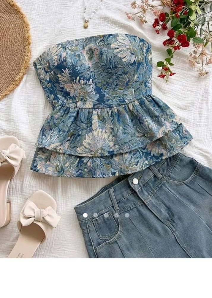 Blue Floral Tiered Peplum Tube Top