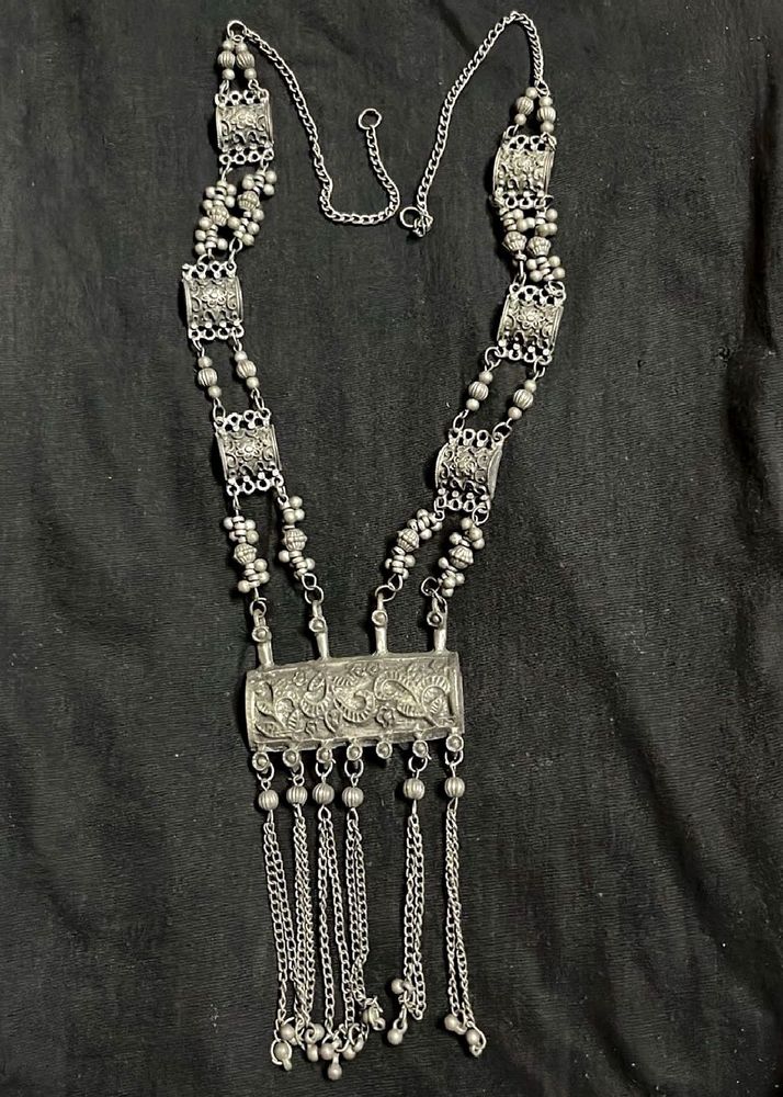 Oxidized silver tribal long necklace