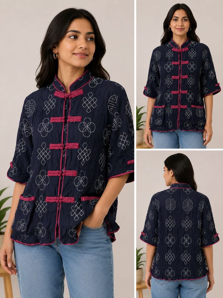 Unique Embroidered Blue Mandarin Collar Top