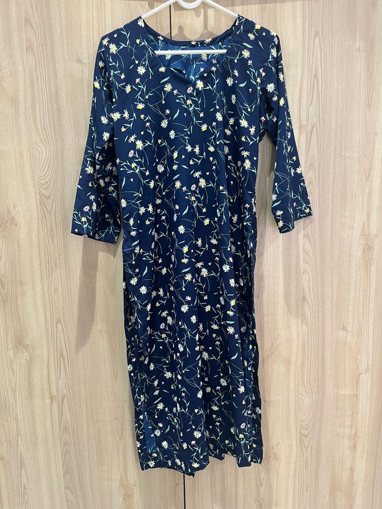 Navy Blue Floral Print Kurta