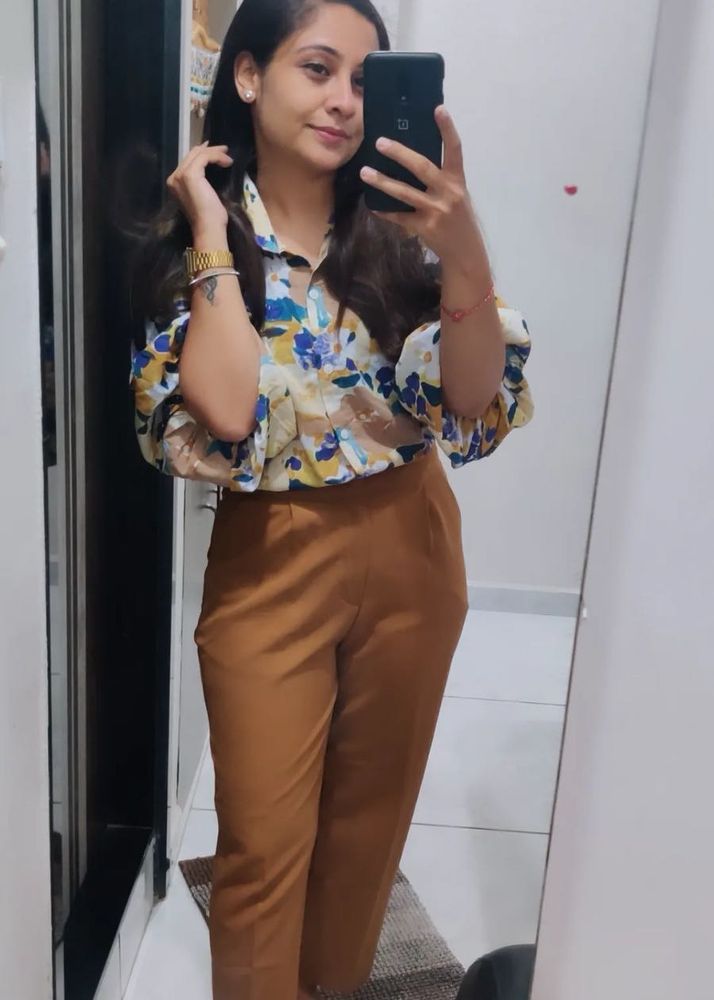 Chic Floral Print Collared Shirt and pant pair