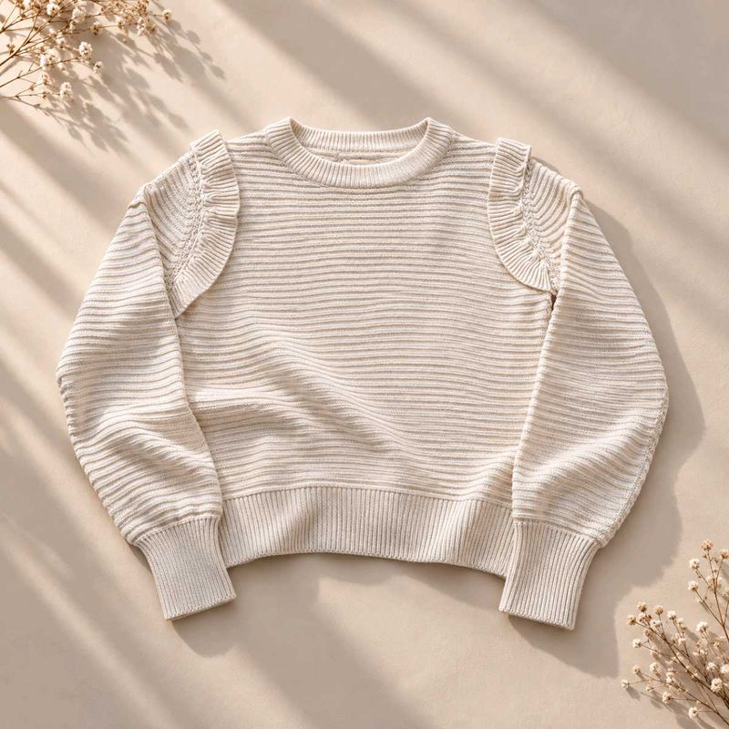 CREAM RIBBED KNIT SWEATER WITH RUFFLE SHOULDER