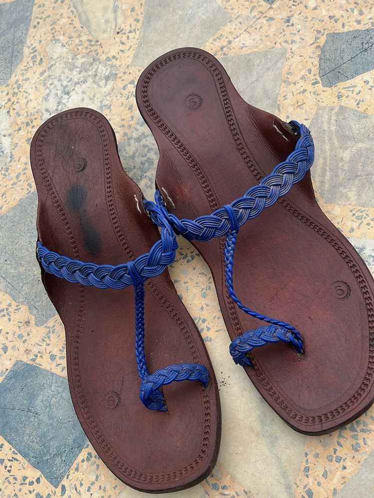 Brown Leather Sandals with Blue Braided Straps