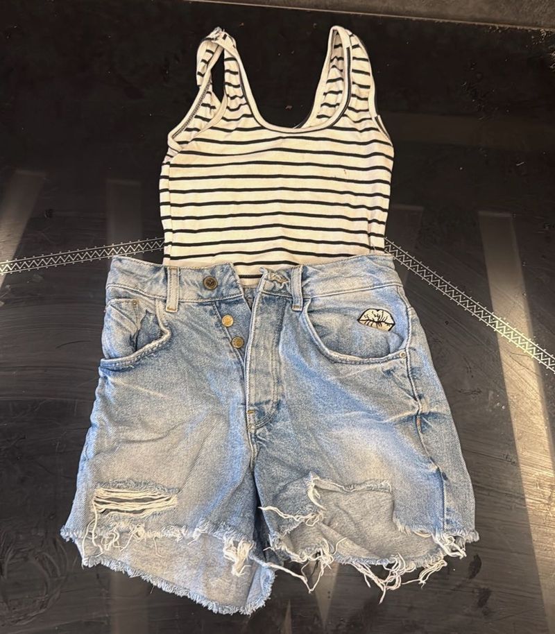 Striped Tank Top &amp; Distressed Denim Shorts