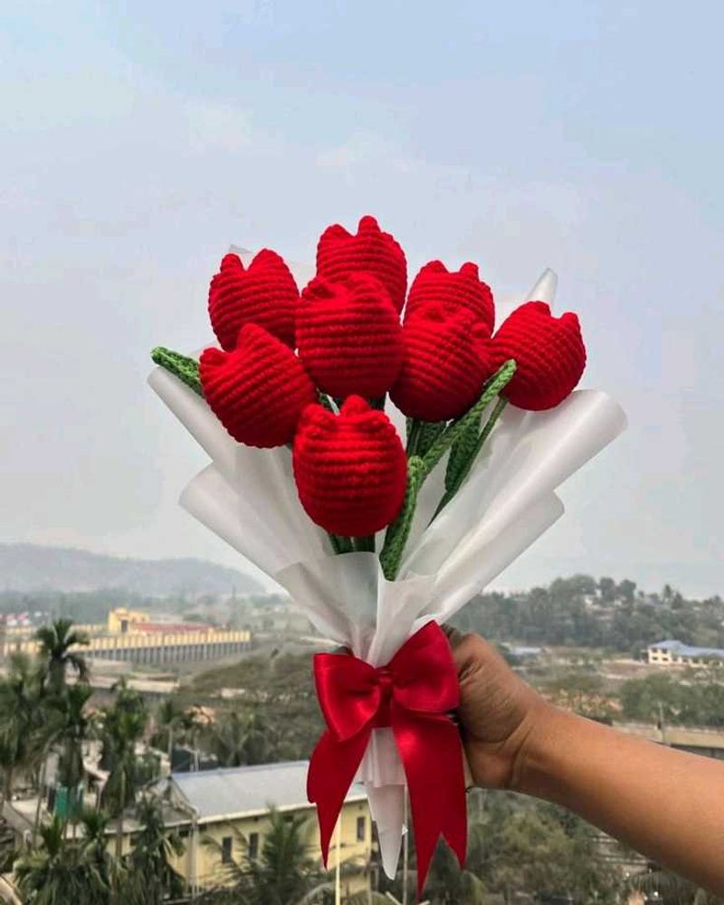 Handmade Crochet Red Tulips Bouquet