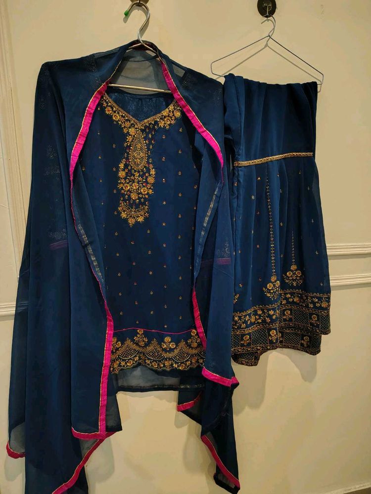 Beautiful Blue Kurta Set with Gold Embroidery
